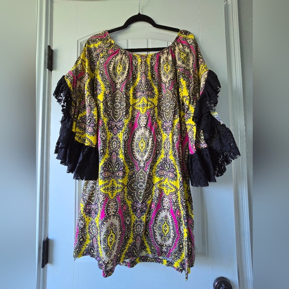 Uncle Frank Boho Paisley Lace Sleeve Dress M Yellow Pink Festival - Picture 10 of 13